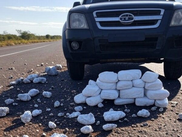 Viatura policial na divisa DF-Goiás com drogas apreendidas como crack e cocaína em cena de prisão por tráfico.