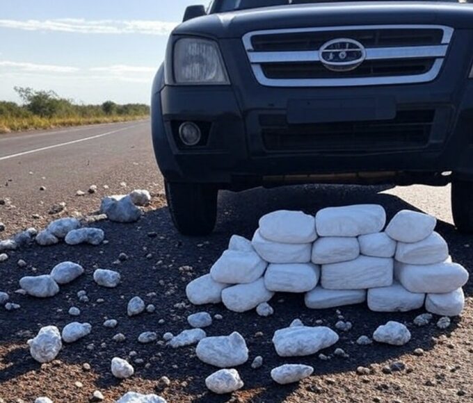 Viatura policial na divisa DF-Goiás com drogas apreendidas como crack e cocaína em cena de prisão por tráfico.