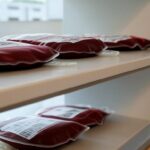 Prateleiras com estoques críticos de bolsas de sangue em hemocentro de Brasília, apelando por doações urgentes.