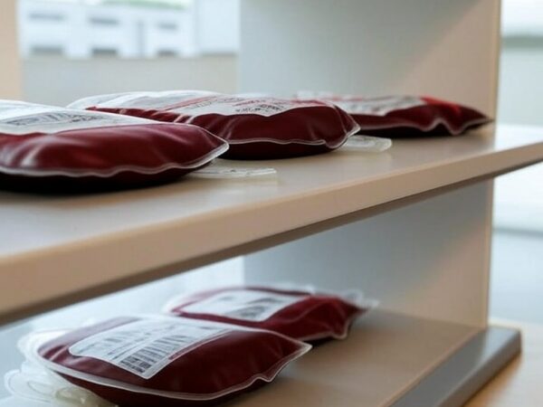 Prateleiras com estoques críticos de bolsas de sangue em hemocentro de Brasília, apelando por doações urgentes.