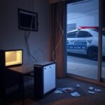 Quarto de motel em Brasília com sinais de furto de TV e itens de frigobar, viatura policial ao fundo.