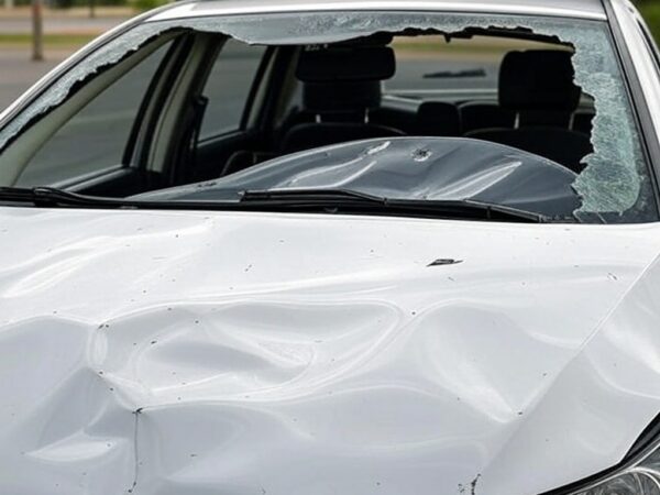 Viatura policial brasileira acidentada em rua de Brasília, representando custos estatais de acidentes.