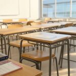 Sala de aula vazia no Sesc-DF, com materiais educativos, representando projeto Estudamente contra ansiedade em estudantes.