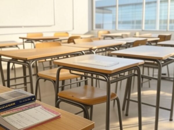 Sala de aula vazia no Sesc-DF, com materiais educativos, representando projeto Estudamente contra ansiedade em estudantes.