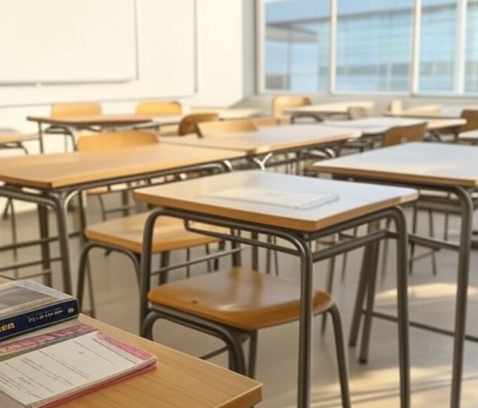 Sala de aula vazia no Sesc-DF, com materiais educativos, representando projeto Estudamente contra ansiedade em estudantes.
