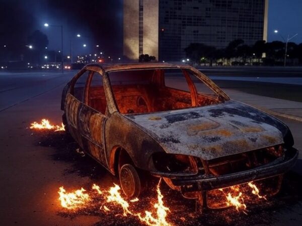 Carro em chamas com corpo carbonizado encontrado em rua do Distrito Federal, cena de investigação sem pessoas.