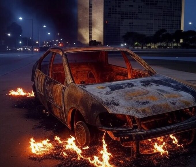 Carro em chamas com corpo carbonizado encontrado em rua do Distrito Federal, cena de investigação sem pessoas.
