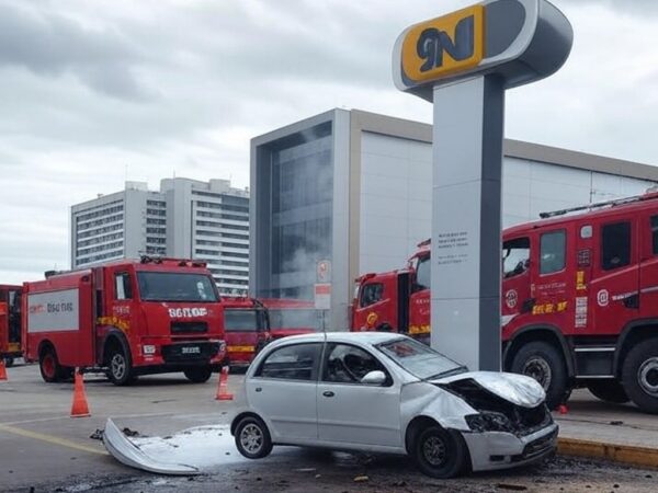 Estação de GNV na Asa Norte com carro colidido e vazamento de gás, viaturas de bombeiros no local.