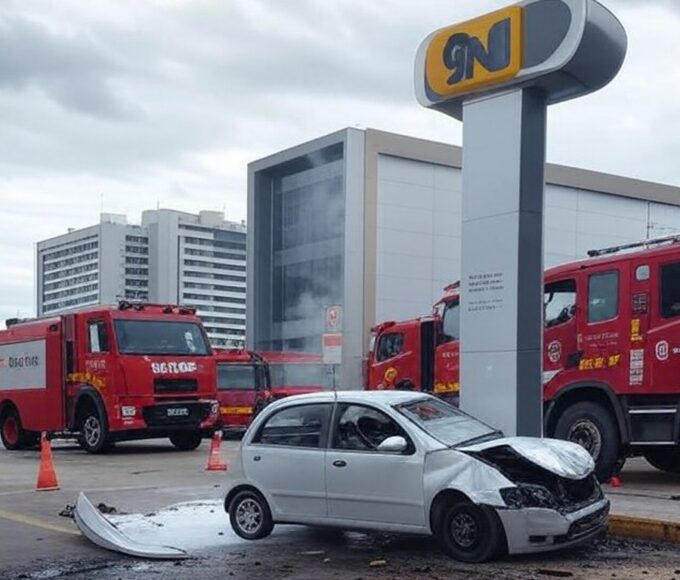 Estação de GNV na Asa Norte com carro colidido e vazamento de gás, viaturas de bombeiros no local.