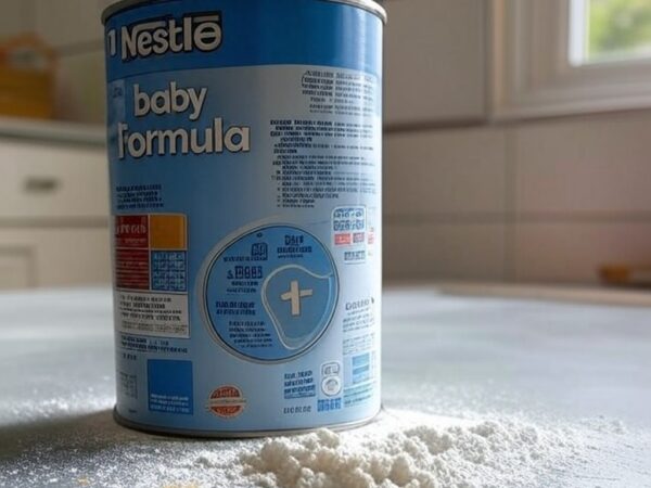 Lata de fórmula infantil Nestlé contaminada em cozinha de Brasília, representando intoxicação de bebês no Distrito Federal.