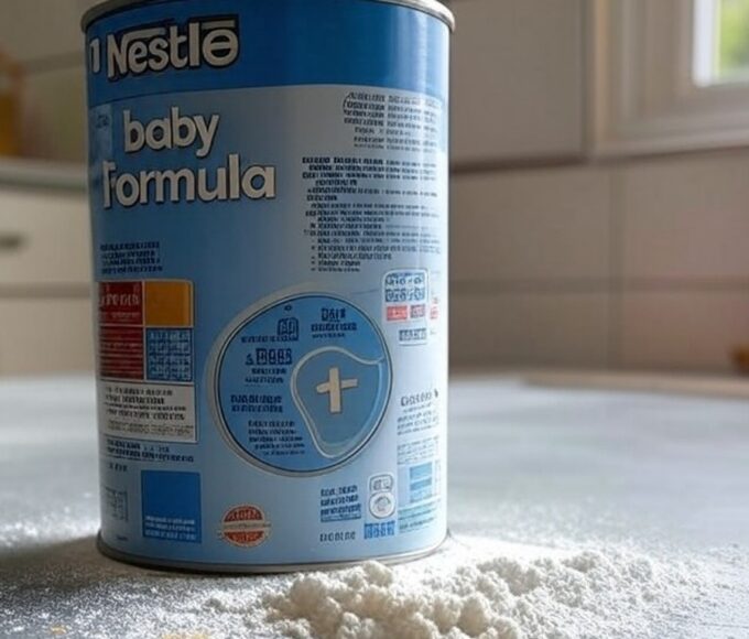 Lata de fórmula infantil Nestlé contaminada em cozinha de Brasília, representando intoxicação de bebês no Distrito Federal.