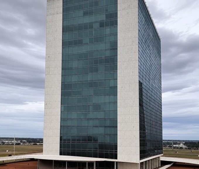 Prédios residenciais luxuosos em Brasília com Congresso Nacional ao fundo, representando privilégio controverso de servidores do DF para compra de imóveis.