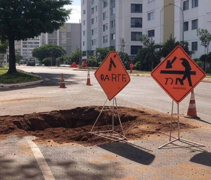 Rua na Asa Norte, Brasília, com sinalização de interrupção no abastecimento de água pela Caesb.