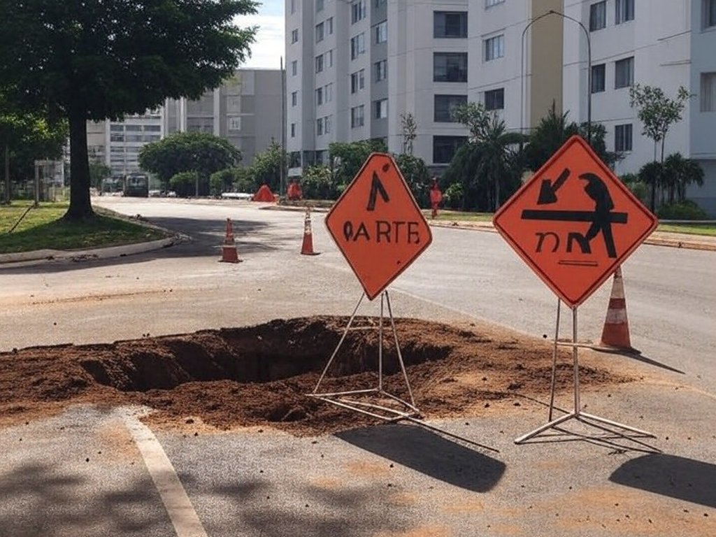 Rua na Asa Norte, Brasília, com sinalização de interrupção no abastecimento de água pela Caesb.