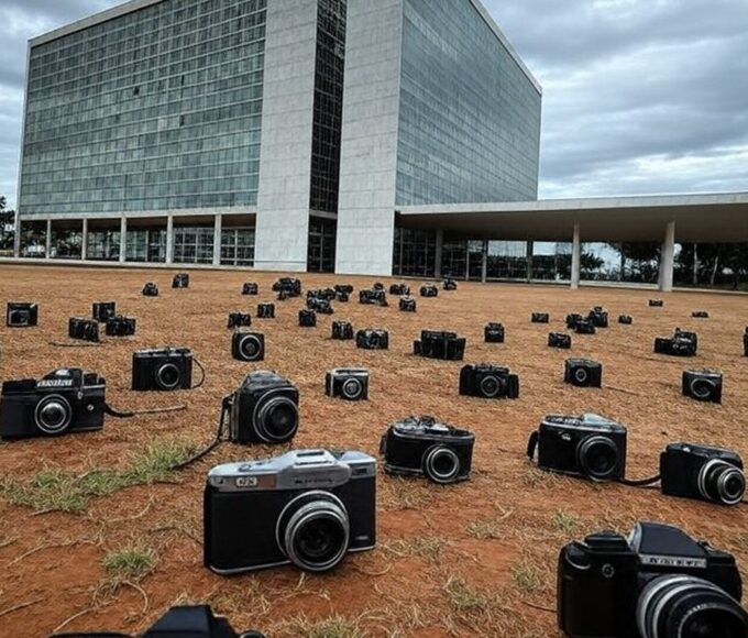 Fachada da Câmara Legislativa em Brasília com câmeras fotográficas e elementos de crise urbana, representando concurso de fotografia desnecessário.