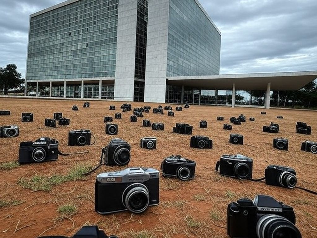 Fachada da Câmara Legislativa em Brasília com câmeras fotográficas e elementos de crise urbana, representando concurso de fotografia desnecessário.