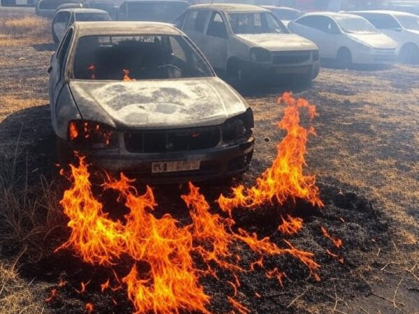 Incêndio em vegetação danifica oito carros em rua residencial de Vicente Pires, no DF, com chamas e fumaça.