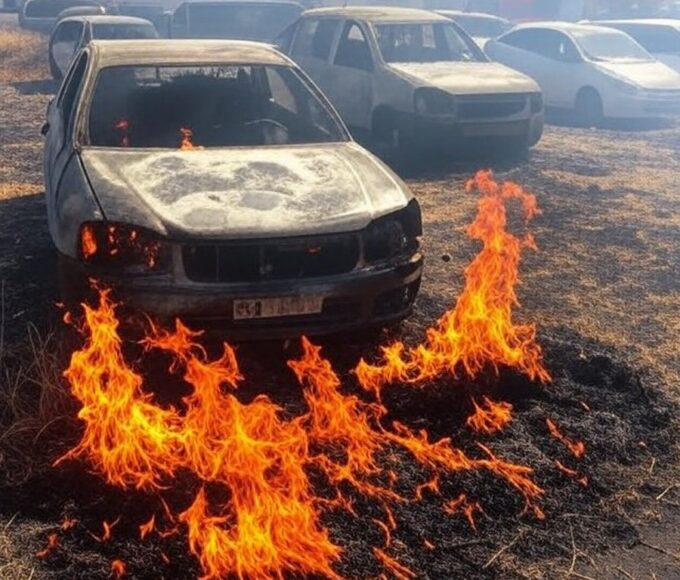 Incêndio em vegetação danifica oito carros em rua residencial de Vicente Pires, no DF, com chamas e fumaça.