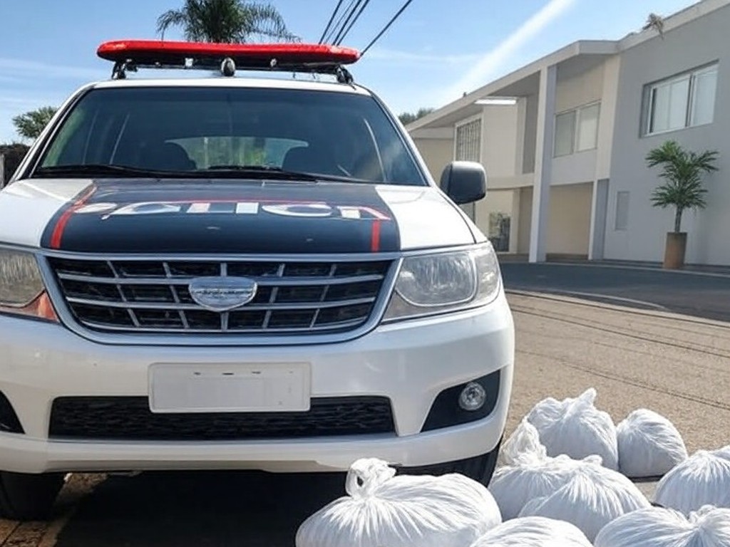 Viatura da Polícia Militar do DF em rua de Brasília com pacotes de drogas apreendidos, após denúncias em redes sociais.