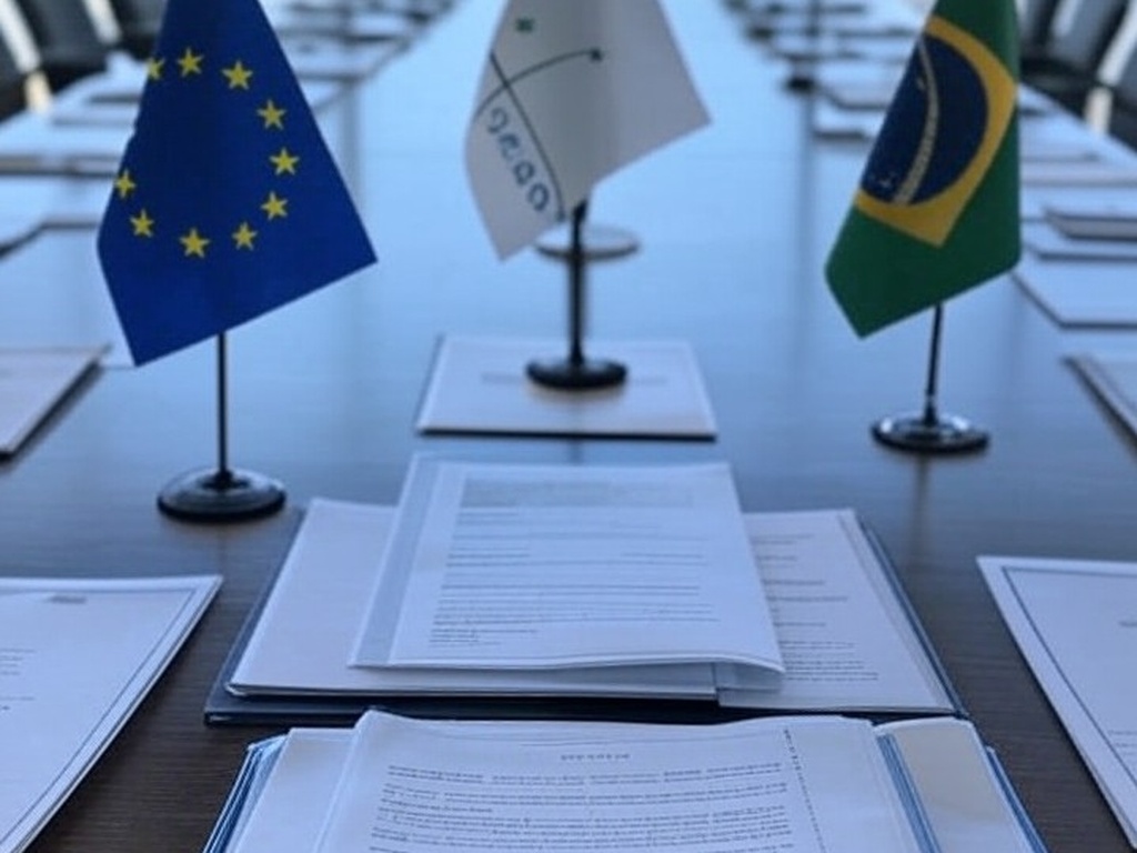 Bandeiras da UE e Mercosul em frente ao Palácio do Itamaraty em Brasília, representando acordo de livre-comércio com PIB de US$ 22 trilhões.