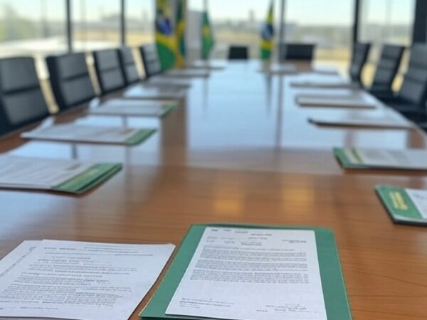 Sala de reuniões governamental em Brasília com documentos e bandeiras do Brasil, representando aprovação de vetos à Reforma Tributária pelo Fórum de Governadores.