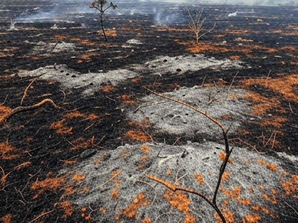 Queimada no Cerrado do Distrito Federal, com fogo e fumaça destruindo a vegetação, destacando negligência ambiental.