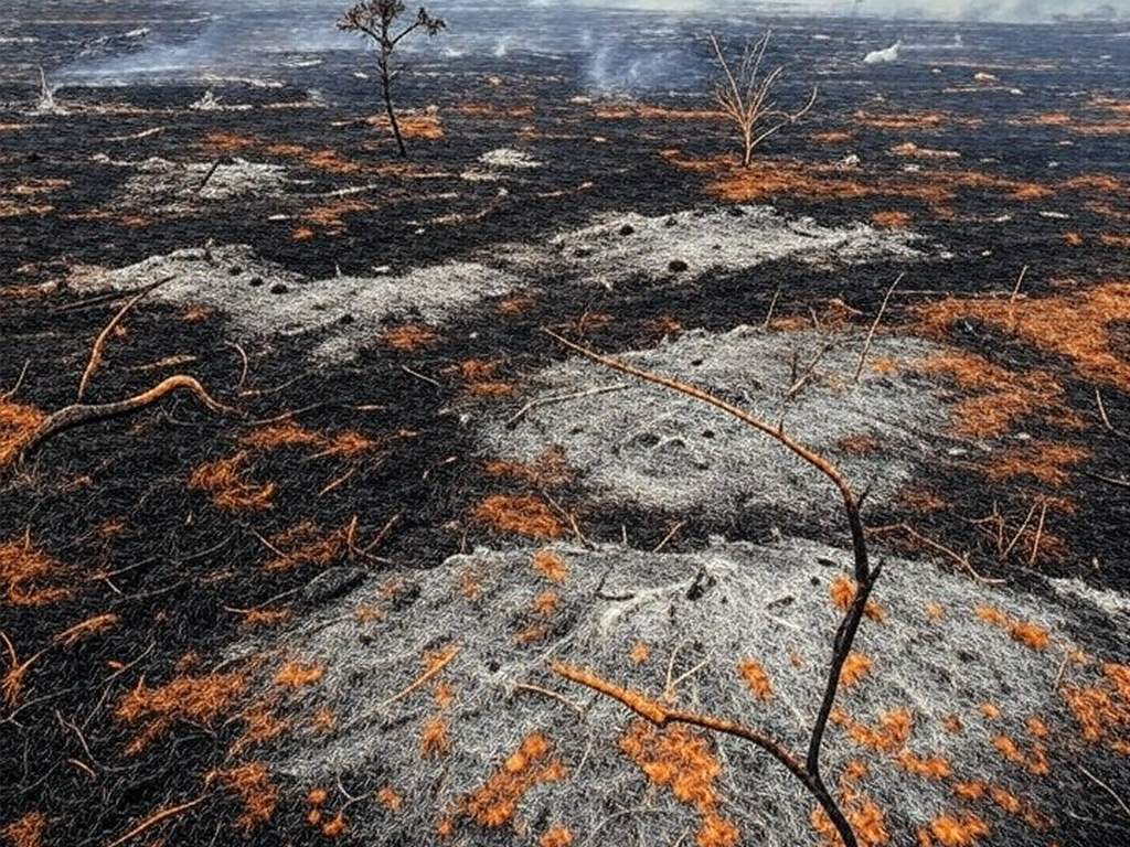 Queimada no Cerrado do Distrito Federal, com fogo e fumaça destruindo a vegetação, destacando negligência ambiental.