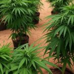 Plantação de maconha em quintal em Itapoã, Bahia, com viatura da Polícia Militar ao fundo.