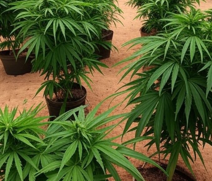 Plantação de maconha em quintal em Itapoã, Bahia, com viatura da Polícia Militar ao fundo.