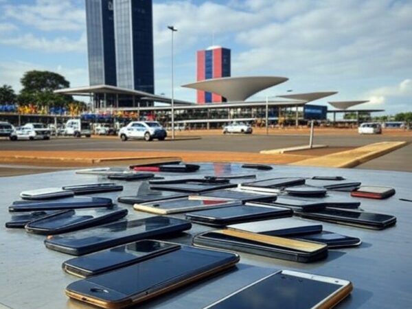 Viaturas policiais na Rodoviária do Plano Piloto durante Carnaval no DF, com celulares furtados confiscados.