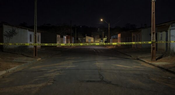 Cena de rua em Sobradinho com fita de isolamento policial e viaturas da PMDF, representando tragédia após briga.