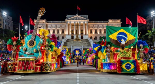 Desfile de samba no carnaval brasileiro com alegorias coloridas, em meio a polêmica de homenagem política.