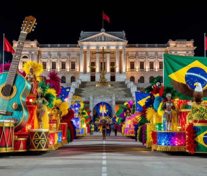 Desfile de samba no carnaval brasileiro com alegorias coloridas, em meio a polêmica de homenagem política.