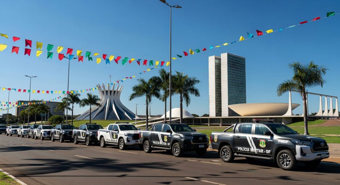 Viaturas da Polícia Militar reforçando segurança em evento de Carnaval no Distrito Federal.