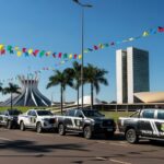 Viaturas da Polícia Militar reforçando segurança em evento de Carnaval no Distrito Federal.