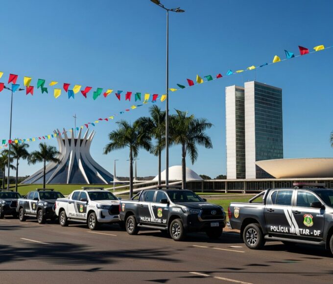 Viaturas da Polícia Militar reforçando segurança em evento de Carnaval no Distrito Federal.