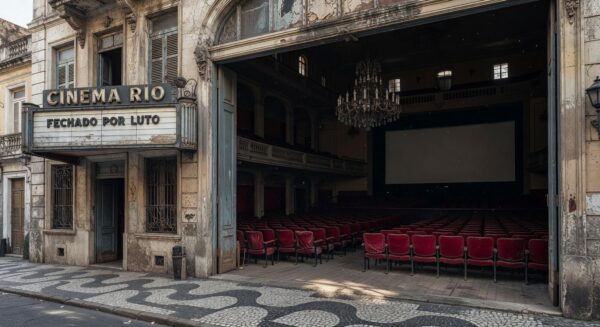 Cinema vazio no Rio de Janeiro simbolizando luto pela morte do ator Robert Duvall, vencedor do Oscar.