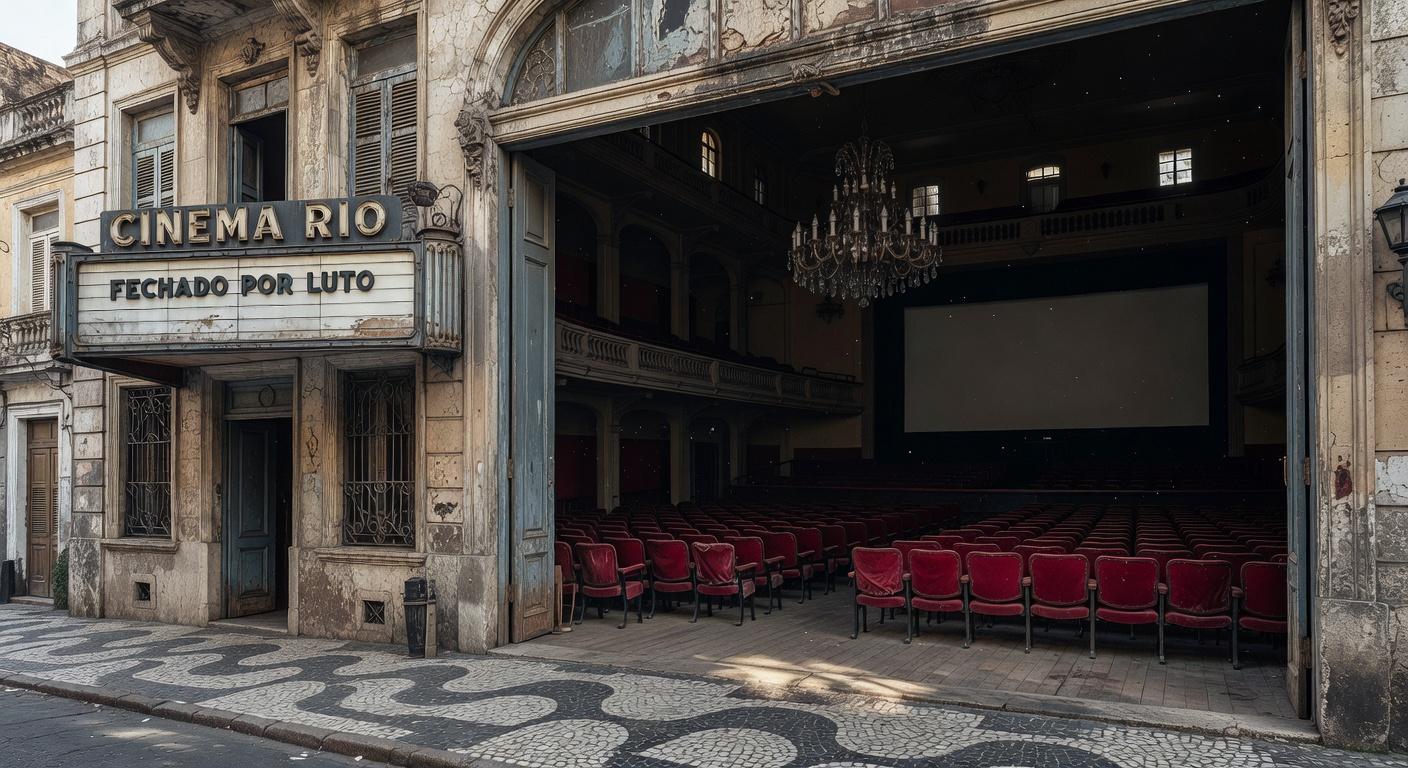 Cinema vazio no Rio de Janeiro simbolizando luto pela morte do ator Robert Duvall, vencedor do Oscar.