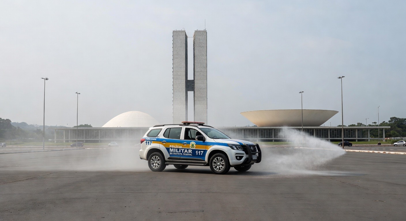 Viatura da PMDF em rua de Brasília com névoa de spray de pimenta, representando incidente no Distrito Federal.