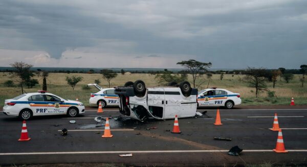 Cena de acidente com van irregular na BR-020 em Planaltina, com veículos danificados e emergência, sem pessoas.