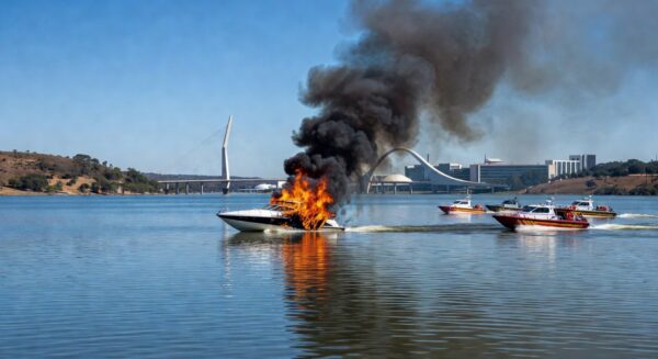 Lancha em incêndio no Lago Paranoá, com chamas e fumaça, em Brasília.