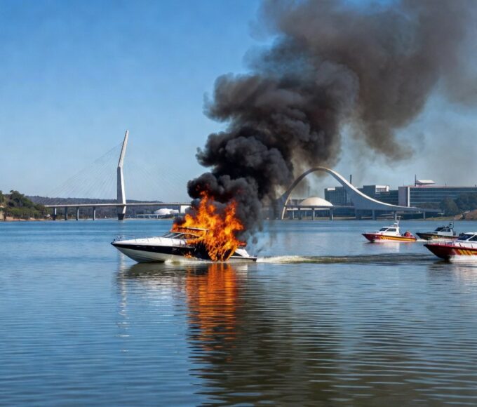 Lancha em incêndio no Lago Paranoá, com chamas e fumaça, em Brasília.