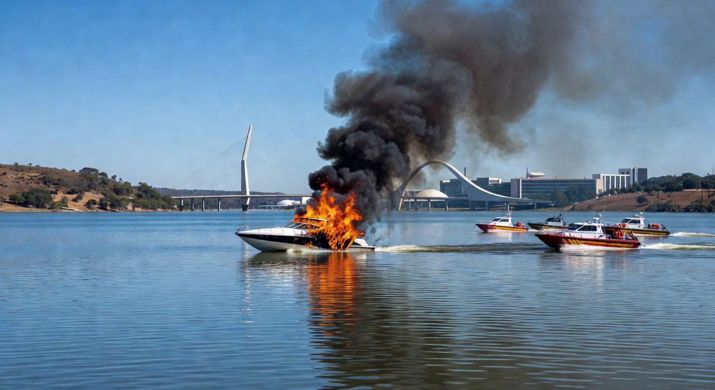 Lancha em incêndio no Lago Paranoá, com chamas e fumaça, em Brasília.