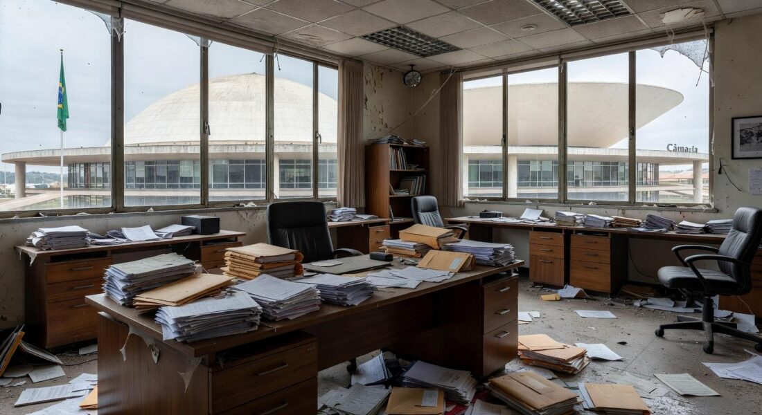 Edifício da CLDF em Brasília com documentos abandonados, representando falhas no amparo a mulheres e idosos.