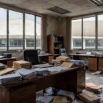 Edifício da CLDF em Brasília com documentos abandonados, representando falhas no amparo a mulheres e idosos.