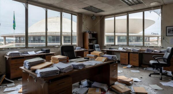 Edifício da CLDF em Brasília com documentos abandonados, representando falhas no amparo a mulheres e idosos.