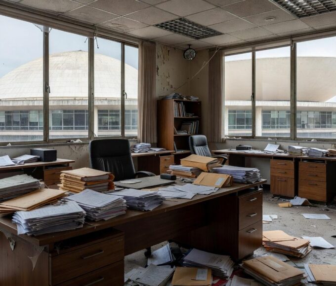 Edifício da CLDF em Brasília com documentos abandonados, representando falhas no amparo a mulheres e idosos.