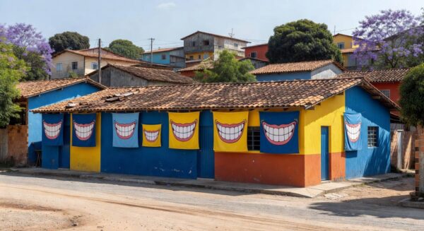 Centro comunitário no Itapoã com banners de saúde bucal, representando o Projeto Sorriso Perfeito Família Feliz.
