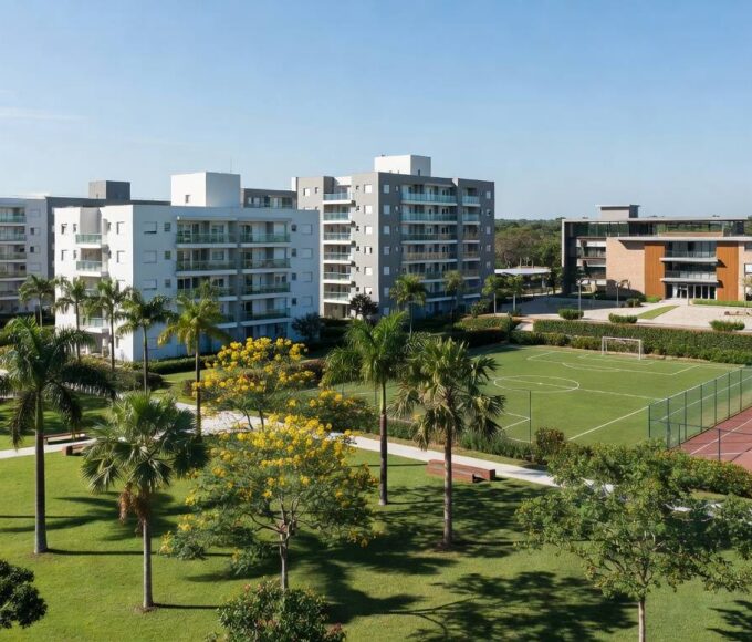 Condomínio residencial no Itapoã Parque, Brasília, representando curso gratuito de síndico e parcerias locais para qualificação de moradores.