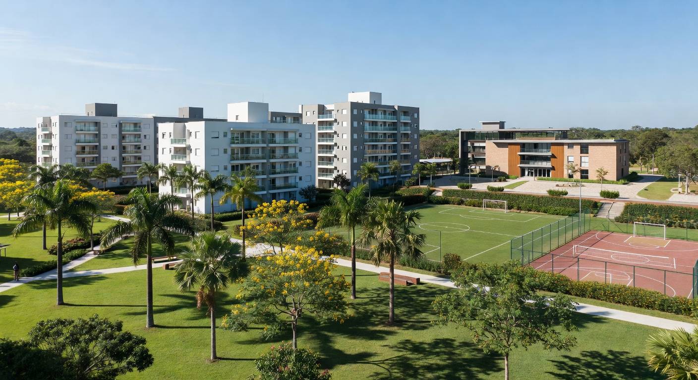 Condomínio residencial no Itapoã Parque, Brasília, representando curso gratuito de síndico e parcerias locais para qualificação de moradores.
